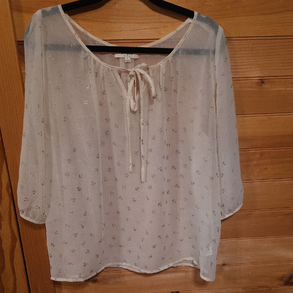Umgee Cream Sheer Blouse with Tie Neck